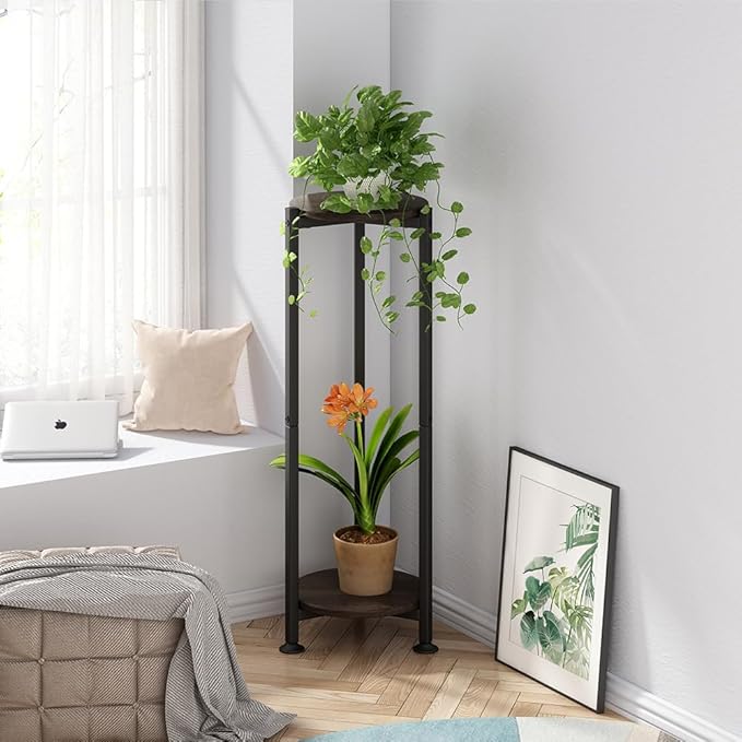 Plant Stand Indoor Outdoor 2 Tier Tall Metal Corner Storage Tiered Plant Shelf Holder Multiple for Living Room Balcony Garden,Black (2 Tier-Black Oak Round)