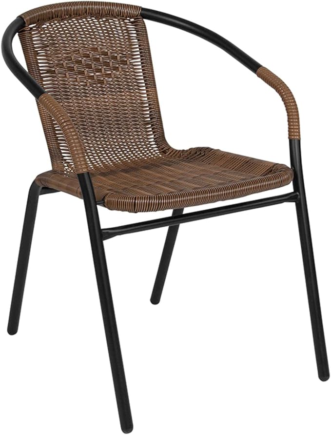 Flash Furniture Lila 28'' Round Glass Metal Table with Dark Brown Rattan Edging and 2 Dark Brown Rattan Stack Chairs