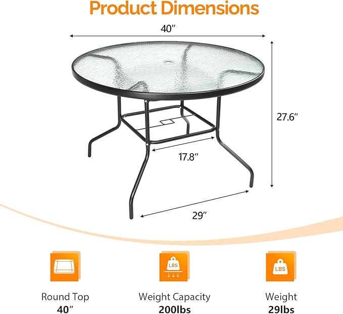 VINGLI Round Patio Table with Umbrella Hole, 40" Outdoor Dining Table Steel Tempered Glass Patio Tables Round Outdoor Tables for Balcony Garden Deck