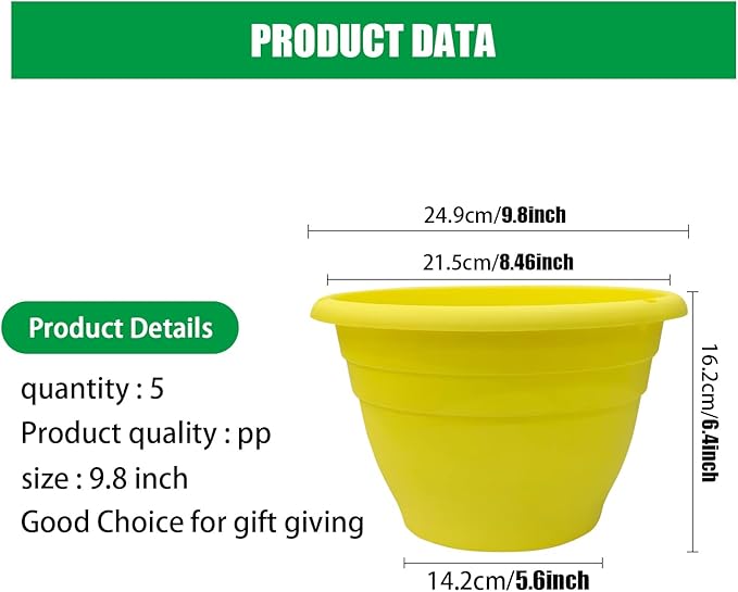 10 Inch Plant Pots Set of 5,Lightweight Plastic Planters with Drainage Holes & Plugs,Durable Plant Containers for Indoor Outdoor Houseplants,Flowers,Patio & Garden(Yellow)