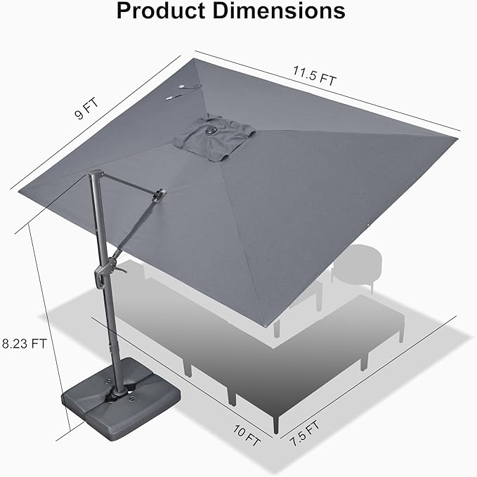 PURPLE LEAF Patio Umbrella 9' X 11.5' Rectangle Cantilever Umbrella Large Aluminum Outdoor Umbrellas with 360-degree Rotation & UPF40+ Premium Fabric for Deck Pool Garden Yard, Mist Grey