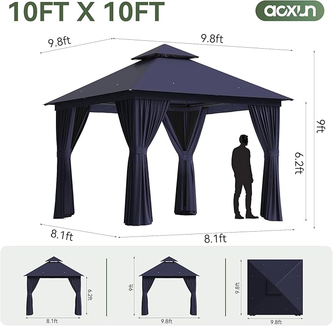 Aoxun Outdoor Gazebo for Patio 10x10 Metal Frame Canopy with Double Roofs Heavy Duty Party Tent and Shelter with Mosquito Netting and Privacy Screen for Backyard, Lawn, Garden, Deck (Navy Blue)