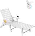 Carauci Lounge Chair Outdoor, HDPE Chaise Lounge with Wheels, 5-Position Adjustable Backrest & 2 Cup Holders Patio Lounge Chair, All-Weather Pool Sun Lounger for Poolside, Backyard, White