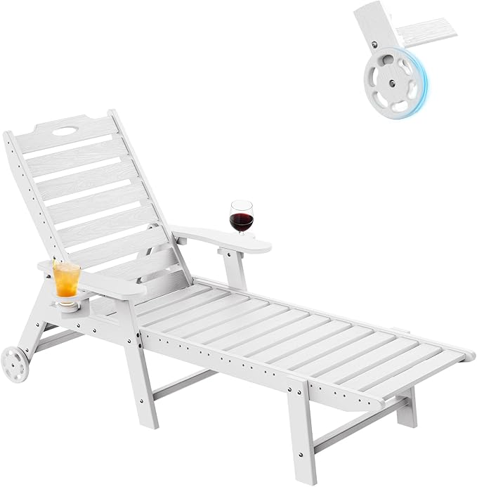 Carauci Lounge Chair Outdoor, HDPE Chaise Lounge with Wheels, 5-Position Adjustable Backrest & 2 Cup Holders Patio Lounge Chair, All-Weather Pool Sun Lounger for Poolside, Backyard, White