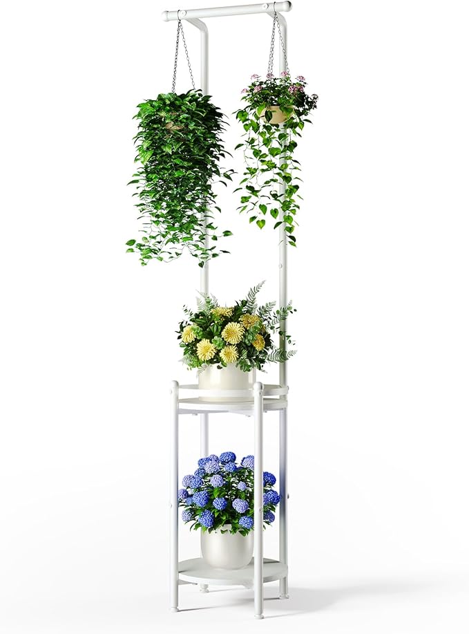 Plant Stand Indoor Outdoor - Heavy Duty Metal 2-tier Hanging Plant Holder Space-Saving Iron Plant Stands Tall Plant Shelf for Living Room Garden Balcony (White)