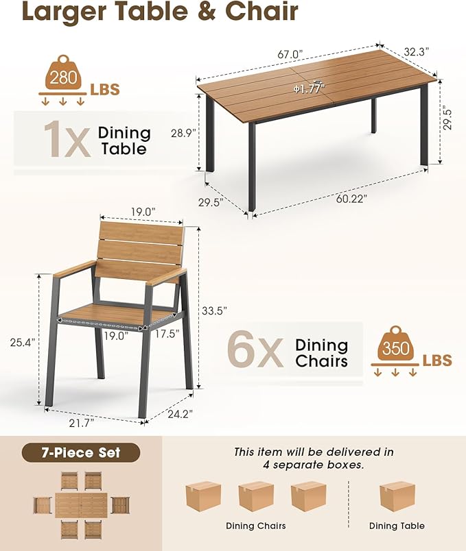 Outdoor Dining Set for 6, Aluminum Patio 7 Piece HDPS Luxury Outdoor Table and Chairs Set with Umbrella Hole, Modren Patio Furniture Set, All-Weather Patio Dining Set for 6, (Gray & Teak)