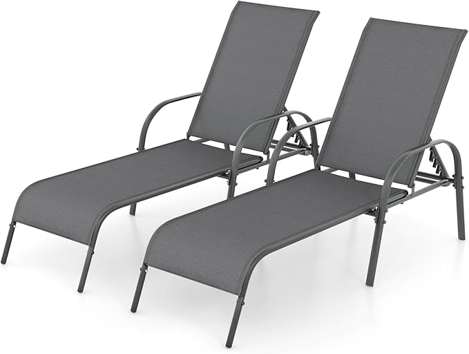 Giantex 2 Pack Patio Lounge Chair, Outdoor Chaise Lounge with 5 Adjustable Backrest, Sturdy Steel Frame, Sunbathing Recliner, Tanning Chair for Beach, Outside, Yard, Balcony, Pool Chairs (2,Dark Gray)