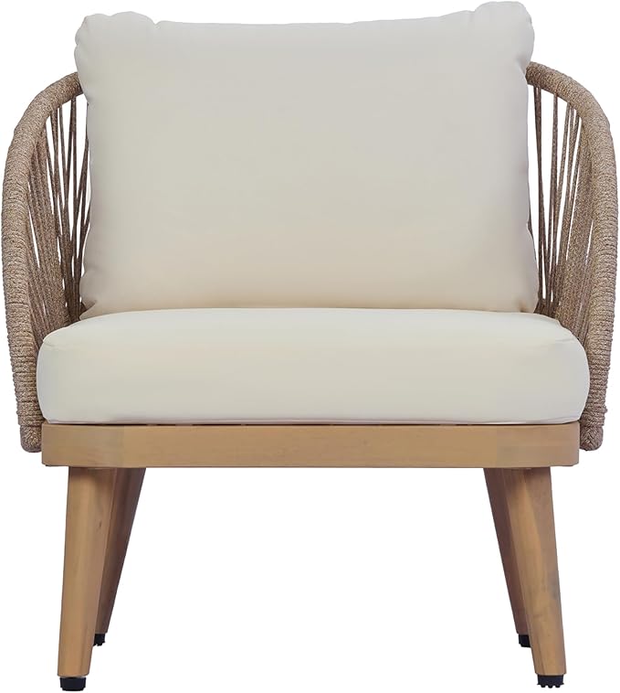 Merax 4-Piece Acacia Wood Patio Conversation Set - Curved Tub Loveseat & Chairs with Woven Rope Accents,Slatted Coffee Table & Weather-Resistant Cushions for Outdoor Deck,Garden or Balcony,Teak+ Beige