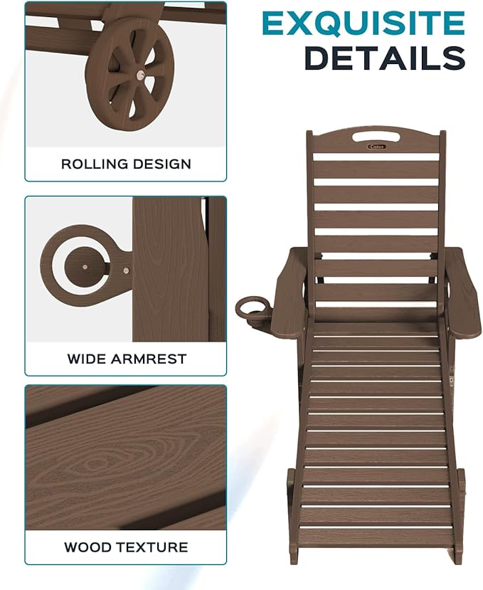 Ciokea Outdoor Chaise Lounge Chair Set of 2, Patio Lounge Chairs for Outside, HDPE Lounge Chairs with Wheels & Cup Holder, Poly Lounge Chair with 5 Position for Poolside, Deck, Dark Brown