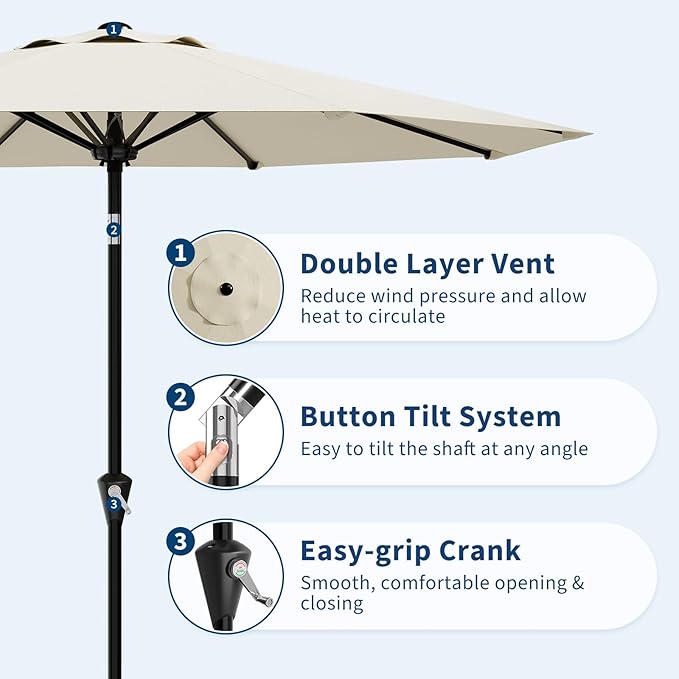 Garvee 10FT Patio Umbrella - Outdoor Table Umbrella with Smooth Crank Lift, Push Button Tilt and 8 Sturdy Ribs - Market Umbrella UV Protection Waterproof for Pool, Deck, Yard, Garden (Beige)