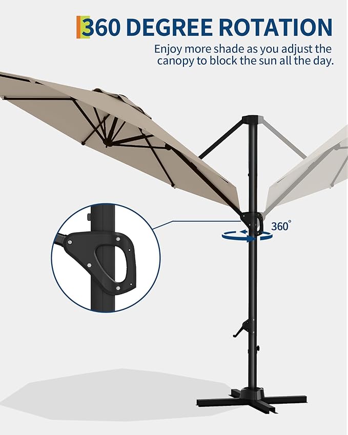 GarveeLife 10FT Patio Umbrella Outdoor Large Cantilever Umbrella Market Sun Shade Windproof Offset Umbrella with 360-Degree Rotation for Garden Deck Pool Patio, Tan