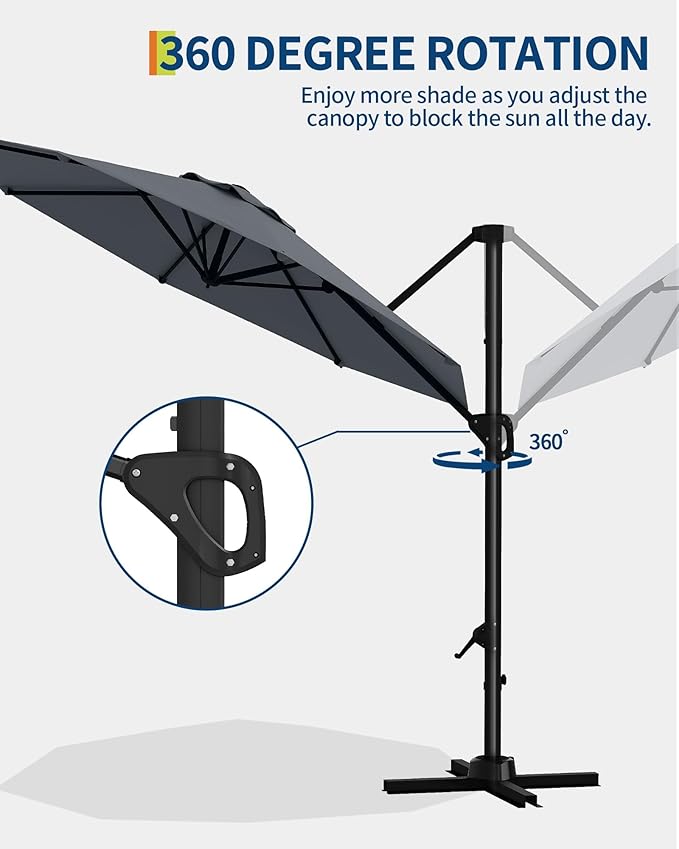 GarveeLife 10 ft Patio Umbrella Outdoor Large Cantilever Umbrella Market Sun Shade Windproof Offset Umbrella with 360-Degree Rotation for Garden Deck Pool Patio, Grey