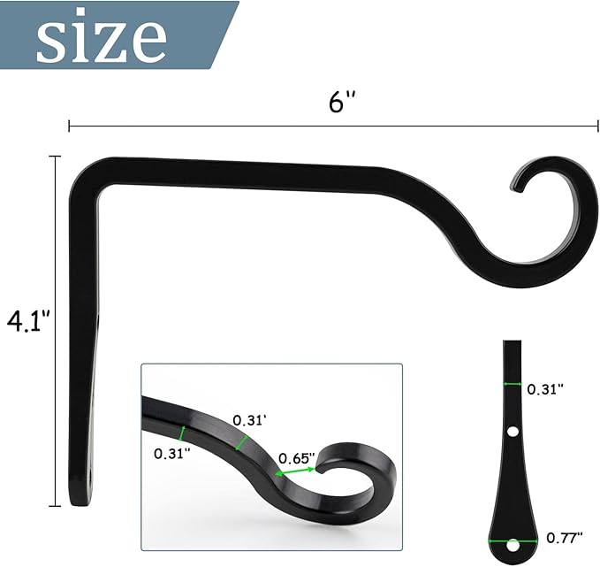 BOLITE Plant Hangers, 6 Inch Hanging Plant Brackets Outdoor Indoor, Wall Hooks for Hummingbird Feeders, Bird Feeders, Planters, Lanterns, Wind Chimes, Home Decor, 2 Pack, Black, Gifts for Women Men
