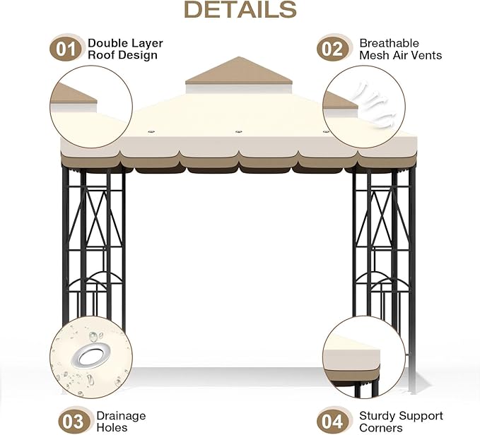 10x10 Canopy Replacement Top Double Tiered Gazebo Cover for Yard, Patio & Garden Durable Sunshade Replacement (BeigeBrown with lace)