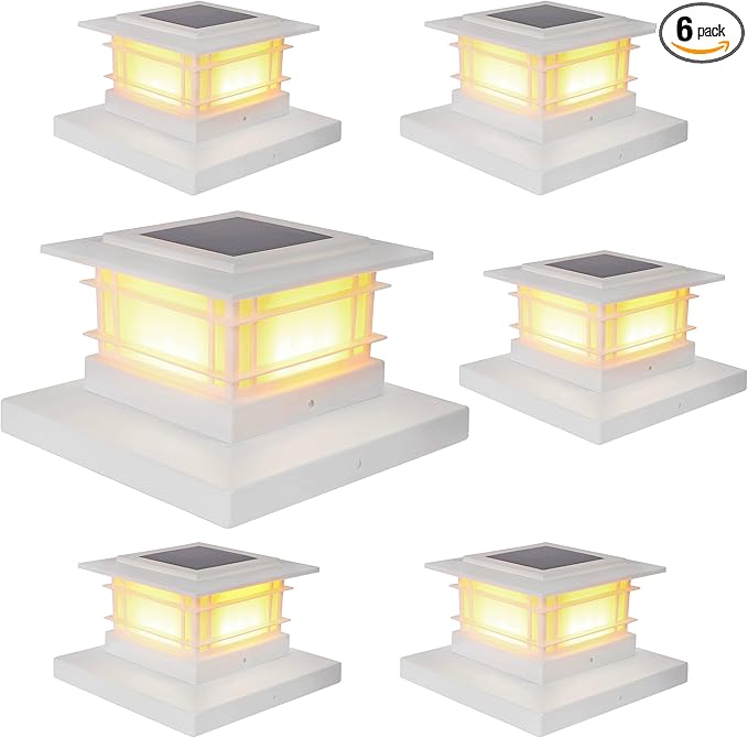 Dynaming 6 Pack Solar Post Cap Lights Outdoor, White Shell Fence Post Solar Lights Fit for 4x4 5x5 Vinyl/Wooden Posts, High Brightness Warm White SMD LED Lighting Decor for Garden Deck Patio
