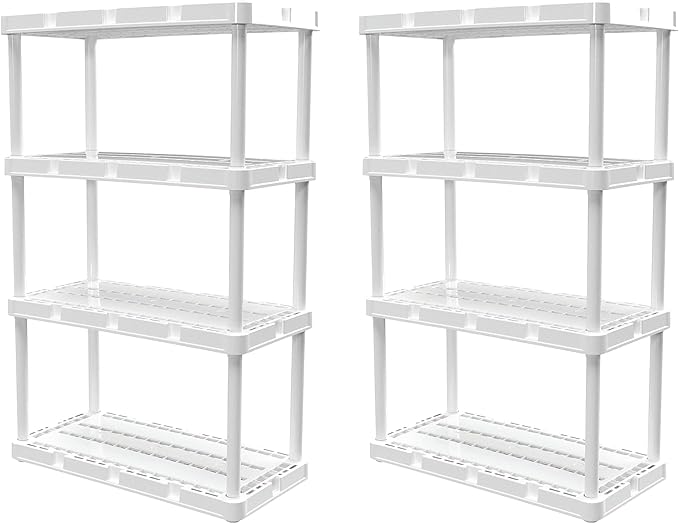 Gracious Living 2 Pack Light Duty Storage Shelves, Knect-A-Shelf 4-Shelf Ventilated Shelving Rack Organizer for Home, Garage, Basement & Laundry, White