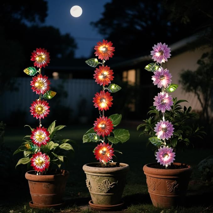 Set of 3 Solar Garden Lights,22.6'' H Flowers Decorative Garden Stakes,Waterproof Metal Spring Yard Art Decor,Solar Stake Lights for Outside,Lawn,Yard,Patio