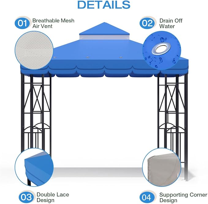 10x10 Canopy Replacement Top Double Tiered Gazebo Cover for Yard, Patio & Garden Durable Sunshade Replacement (Blue with lace)