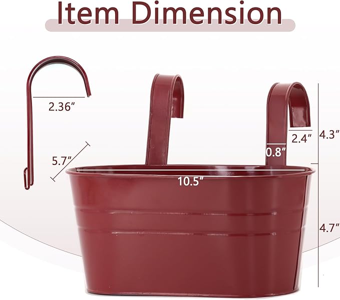 3 Pack Metal Railing Planters, 10.5" Oval Hanging Flower Pots with Detachable Hooks & Drainage Holes, Fits Rails up to 2.36", Galvanized Iron Fence Bucket for Balcony Garden Patio - Red
