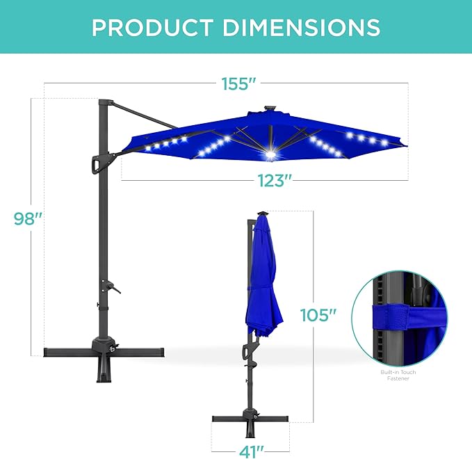 Best Choice Products 10ft Solar LED Cantilever Patio Umbrella, 360-Degree Rotation Hanging Offset Market Outdoor Sun Shade for Backyard, Deck, Poolside w/Lights, Easy Tilt, Cross Base