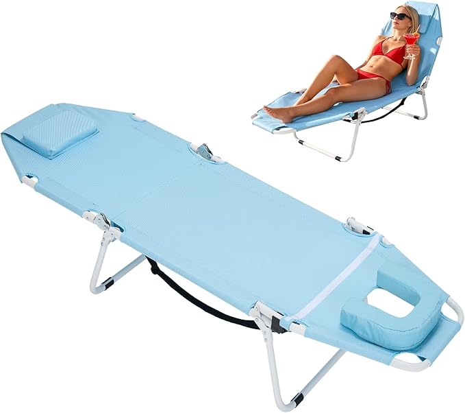 ABORON 2-in-1 Tanning Chair with Face Hole, Folding Camping Cot for Adults, 5-Position Adjustable Lounge Chair with Pillow, Heavy Duty 600D Oxford Portable Cot for Beach, Patio, Poolside