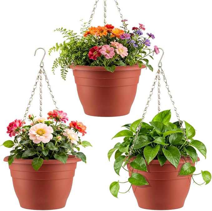 Hanging Planters 11 Inch, 3 Pcs Flower Pots with Drainage Hole, Self Watering Hanging Basket for Indoor Outdoor Plants, Decor, Pottery Red