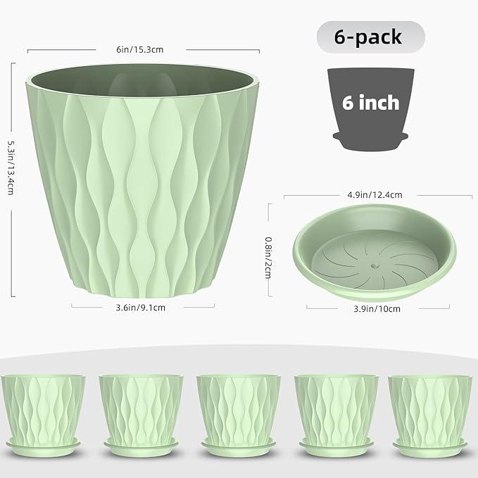 6 Pack 6 Inch Indoor Plant Pots with Drainage Holes, Outdoor Plastic Decorative Flower Pots, Garden Planters with Tray Saucers for Orchids, Violets, Succulents, Herbs, and Other Plants
