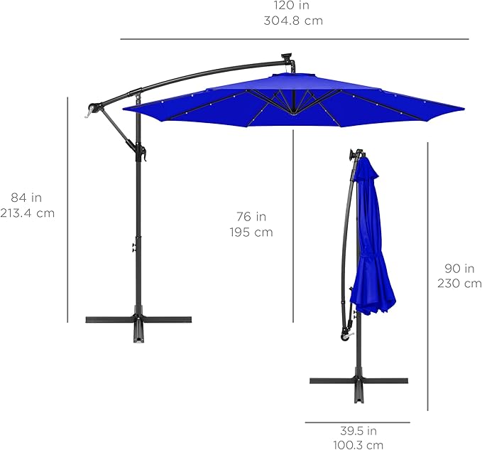 Best Choice Products 10ft Solar LED Offset Cantilever Hanging Market Patio Umbrella, 8 Sturdy Ribs, Easy Adjustment - Resort Blue