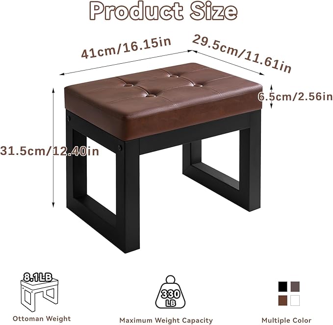IBUYKE 16 Inch Small Foot Stool Ottoman, Rectangle PU Faux Leather Foot Rest with Padded Seat and Metal Legs, Modern Ottoman Foot Rest for Living Room Bedroom Entryway Couch, Dark Brown WBD026Z