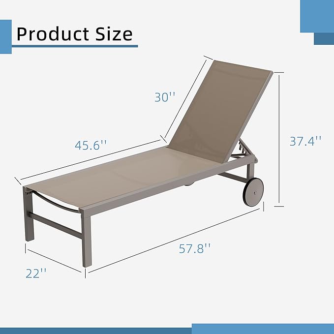 Shintenchi 2 PCS Outdoor Chaise Lounges Chair with Wheels Aluminum Reclining Patio Lounge Chairs with 5 Adjustable Position Recliner for Patio, Beach, Yard, Pool Patio Furniture Set,Khaki