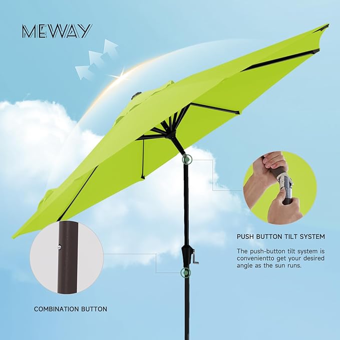 MEWAY 10ft Patio Umbrella Outdoor Table Umbrellas with Push Button Tilt and Crank, Market Umbrella 8 Sturdy Ribs for Deck, Garden, Pool and Backyard, Apple Green