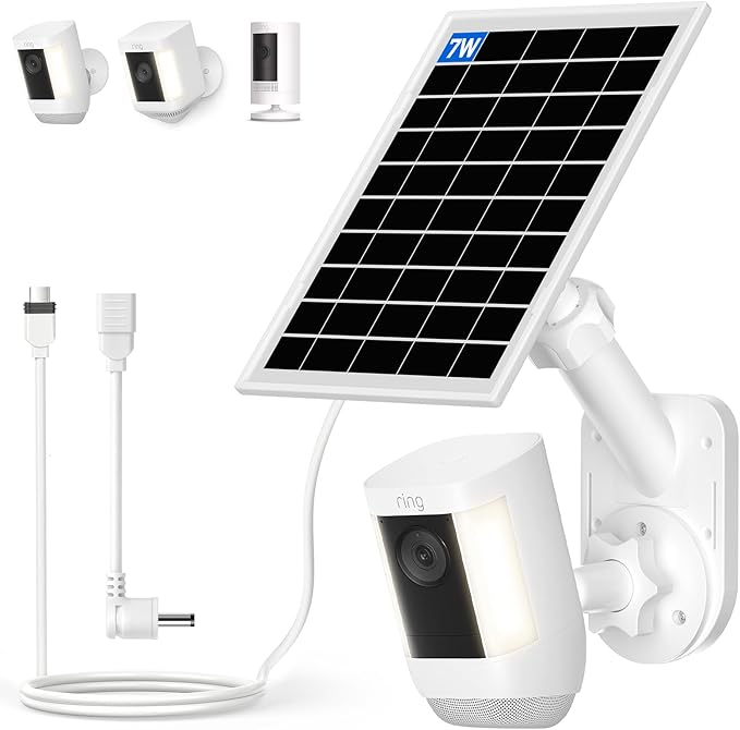 Solar Panel and 2-in-1 Wall Mount for Ring Cam, 7W Solar Charger Compatible with Rings Spotlight &Stick Up Outdoor Cam Battery, 360° Adjustable Outdoor Security Camera Mount, Weatherproof, 1-Pack