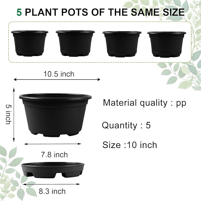 5 Pack 10.5 inch Plant Pots,Planter-Pots-for-Plants，Plastic Flower Pot for Indoor Outdoor Plants with Drainage Holes & Trays, Decorative Garden Containers Sets for Houseplants