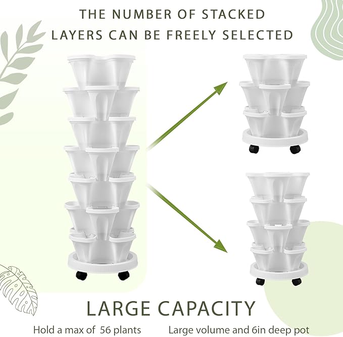 Umigy 2 Set of 7 Tier Vertical Planter Stackable Tower Planters Strawberry Herb Flower and Vegetable Pots Indoor Outdoor Gardening Pots with Removable Wheels and Tools(White,Classic)