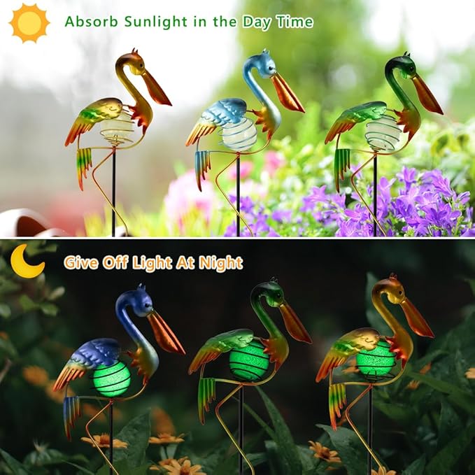 3Pcs Pelican Decorative Garden Stakes, 56.5''H Waterproof Glow in The Dark Metal Yard Decor,Luminous Spring Decorative Garden Stakes for Lawn Patio Pathway