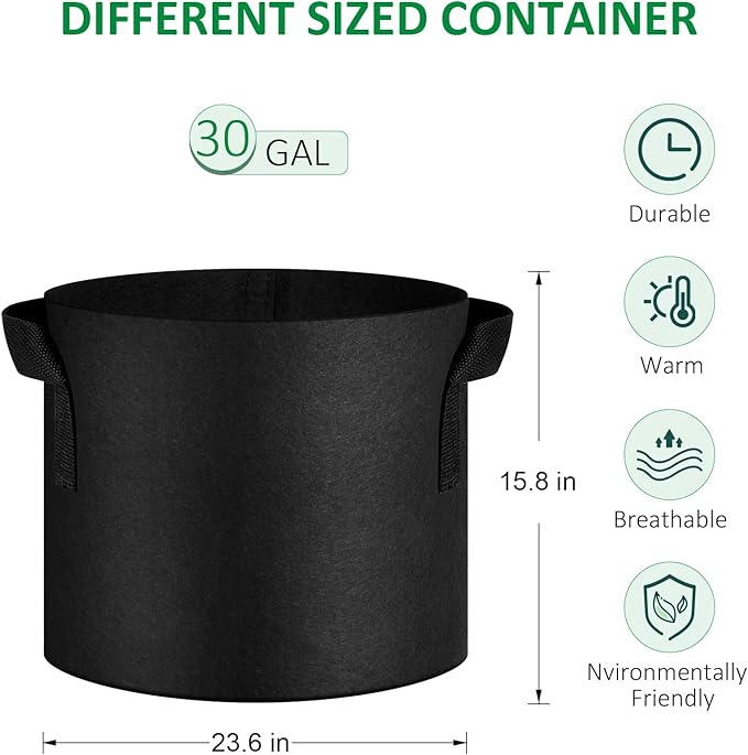 12-Pack 30 Gallon Thickened Non-Woven Grow Bags, Aeration Fabric Pots with Handles（Black）