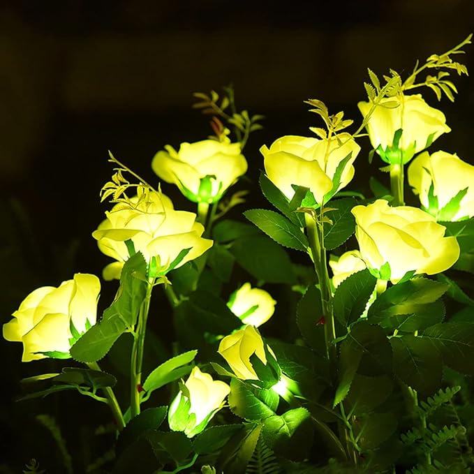 GONIMY Outdoor Realistic Solar Powered Rose Flower Lights Stake,2 Pack 10 Rose Solar Garden Decorative Waterproof Lights for Backyard Patio Pathway Xmas Decoration-Yellow