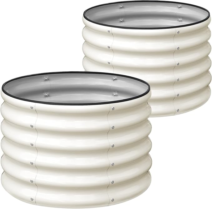 SnugNiture Raised Garden Bed, 2 PCS 2×2×1.5ft Round Galvanized Outdoor Planter Box, 17" Tall Deep Metal Garden Bed Kit for Planting Vegetables, Fruits, Flowers, White