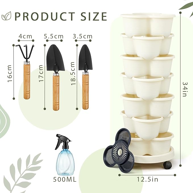 Umigy 2 Set Ivory 2 Set of 7 Tier Stackable Vertical Planters with Removable Wheels and Tools Tower Planters Strawberry Herb Flower Vegetable Pots Indoor Outdoor Gardening Pots