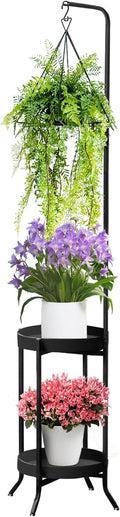Hanging Plant Stand Indoor Outdoor, Space-Saving Corner Metal Plant Shelf 3 Potted Flower Pot Stand, 2 Tier 61" Tall Modern Planter Holder for Patio Garden Balcony Living Room Bedroom, Black