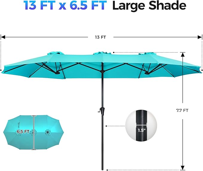 SUPERJARE 13FT Outdoor Umbrella for Patio, Double sided Pool Umbrellas with Fade Resistant Canopy, Large Table Umbrella for Deck, Market, Backyard - Light Blue