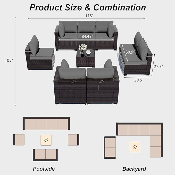 ALAULM Patio Furniture Set with Coffee Table, 9 Pieces Outdoor Sectional with Wide Seat and Thick Cushion, All Weather Wicker Rattan Conversation Set for Backyard, Garden, Deck, Grey
