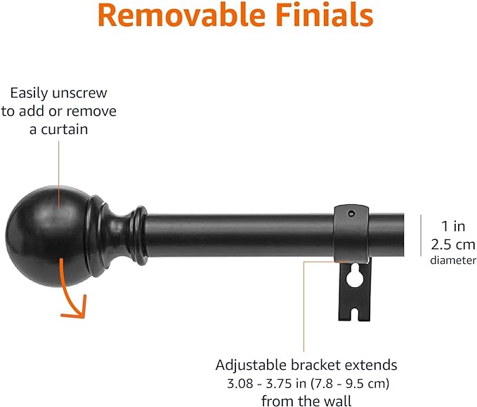 Amazon Basics Sturdy Adjustable Curtain Rod for Windows with Round Finials, 1-Inch, 72" to 144", Black, 1-Pack