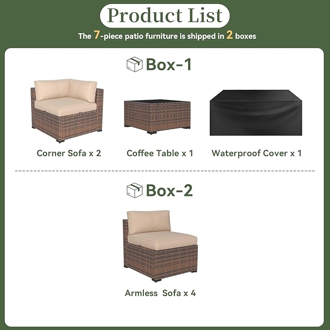 Aoxun 7 Piece Patio Furniture Set Wicker Rattan Patio Conversation Set Outdoor Sectional Sofa Set with Coffee Table and Thickened Cushions, Beige (Waterproof Cover Included)