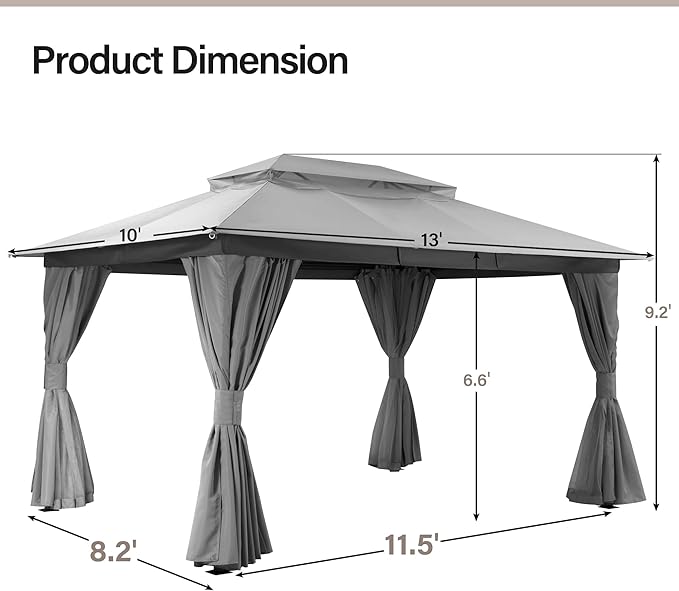 LAUSAINT HOME Semi-Permanent Outdoor Patio Gazebo 10'x13', Heavy Duty Party Tent Shelter with Double Roofs, Mosquito Nettings and Privacy Screens for Backyard, Garden, Lawn, Gray