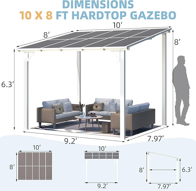 AECOJOY 10' x 8' Pergolas and Gazebos on Clearance in White, Large Wall Mounted Pergola, Outdoor Patio Lean to Gazebo Metal Awnings for Decks,Patio, Porch, Backyard and More