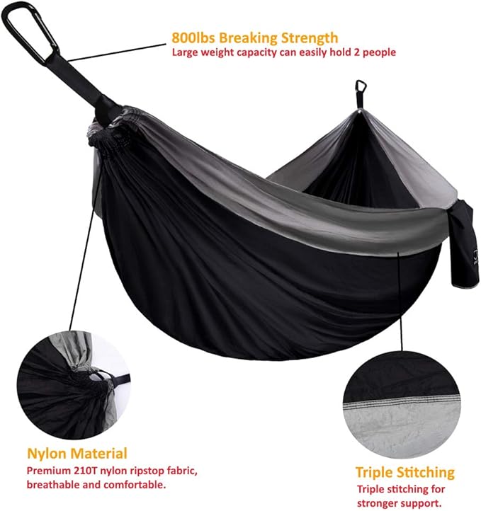 Gold Armour Camping Hammock - XL Double Hammock Portable Hammock Camping Accessories Gear for Outdoor Indoor with Tree Straps, USA Based Brand (Black and Gray)