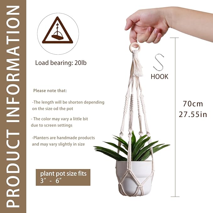 Artilady Plant Hanger Indoor Macrame Hanging Planters for Plants Holder Boho White Basket No Tassels Farmhouse Rustic Window Wall Decor (White Planter-1pcs)