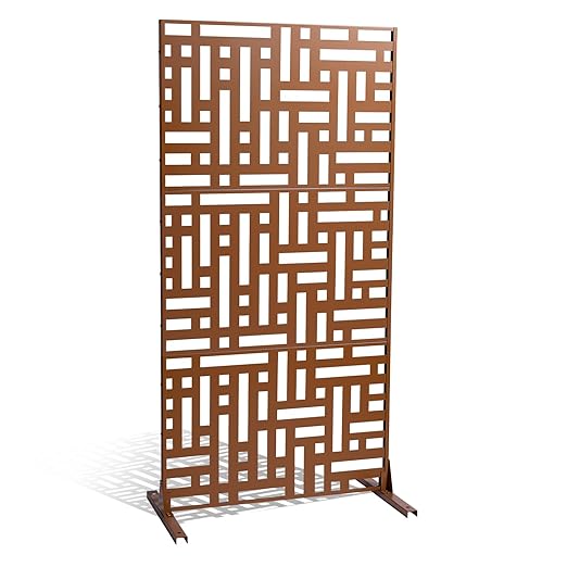 VEVOR Metal Privacy Screen, 47" W x 76" H, Outdoor Privacy Screens 3-Panel, Freestanding Outdoor Divider with Stand, Decorative Garden Steel Privacy Fence for Balcony Patio Indoor Room Hot Tub Brown