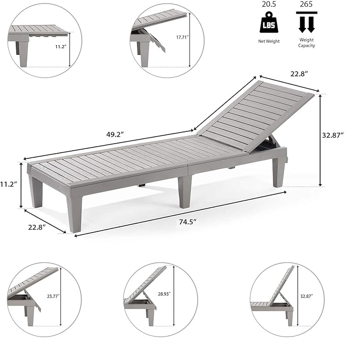 Nestl Patio Chairs - Grey Chaise Lounge Chair Outdoor, 5-Position Adjustable Sun Tanning Chair, Waterproof Pool Lounge Chairs, Reclining Lawn Chair, Lightweight Outdoor Lounge Chairs